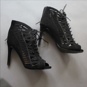 Velvety Lace Up Front Black Heels